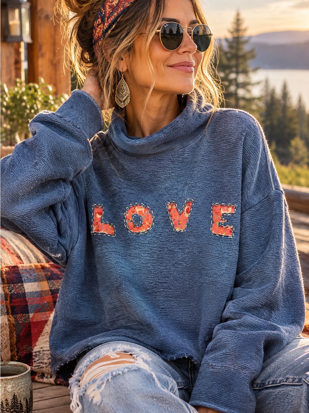 Mock Neck Sweatshirt w/Llama Letter Accents *UPCYCLED*